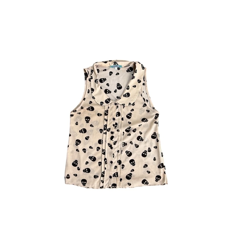 Julie's Closet Blouse Womens Large Beige Skull Print Sheer Sleeveless‎ Halloween